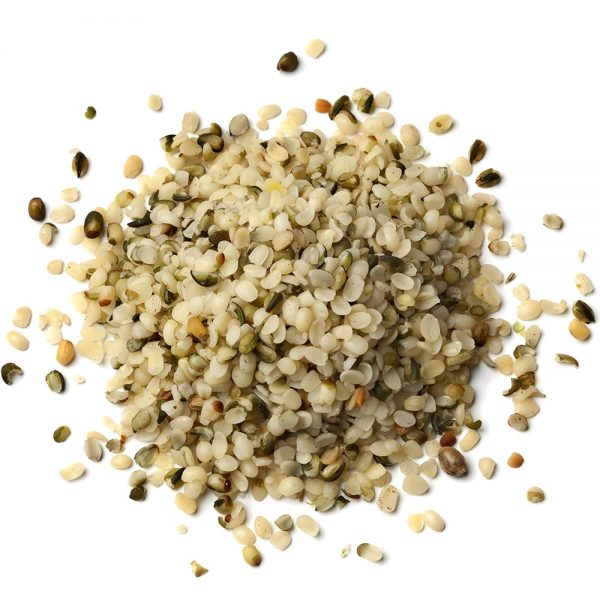 white background image with a pile of hemp seeds
