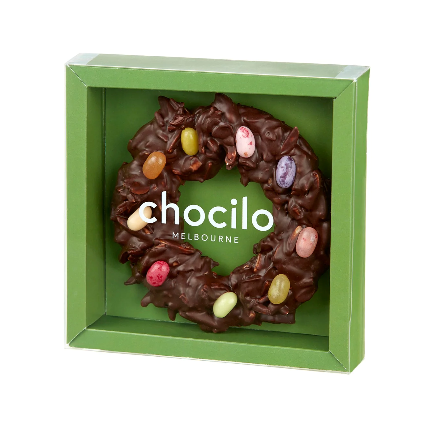 CHOCILO ALMOND WREATH IN DARK CHOCOLATE WITH JELLY BELLIES