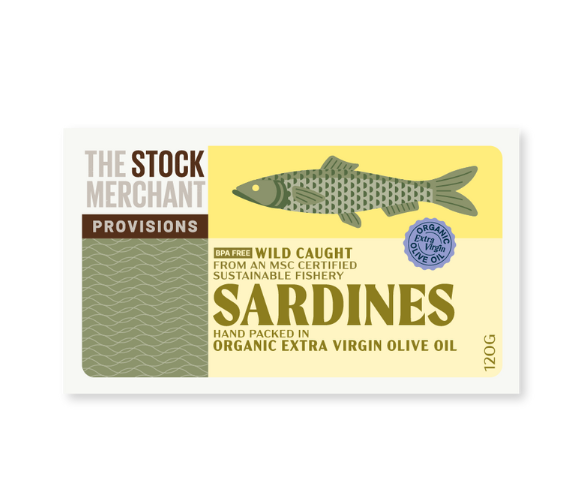 white background with a photo of The Stock Merchant - Organic sardines