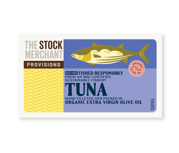 white background with a photo of The Stock Merchant - Organic tuna