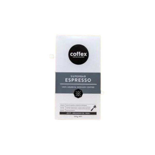 Coffex - Espresso ground. A 250g bag with ground coffee beans.