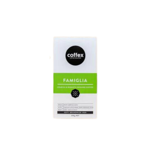 Coffex - Famiglia ground. A 250g bag with ground coffee beans.
