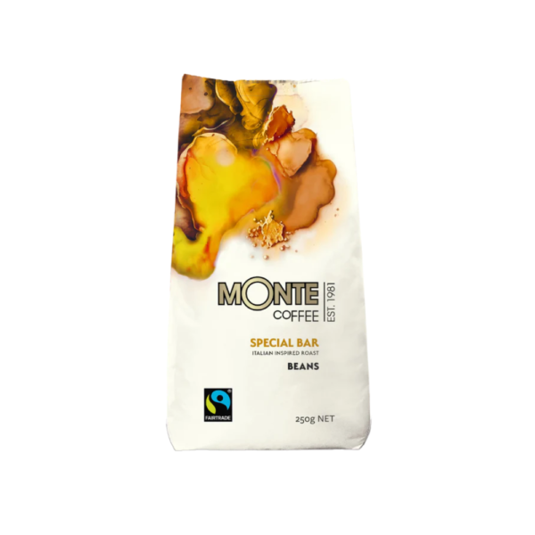 white background with a yellow bag of Monte coffee - Special bar beans