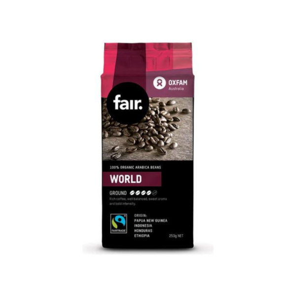 white background with black bag of Organic arabica world ground beans