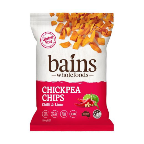 white background with a pink bag of Bains Wholefoods - Chickpea chips chilli & lime