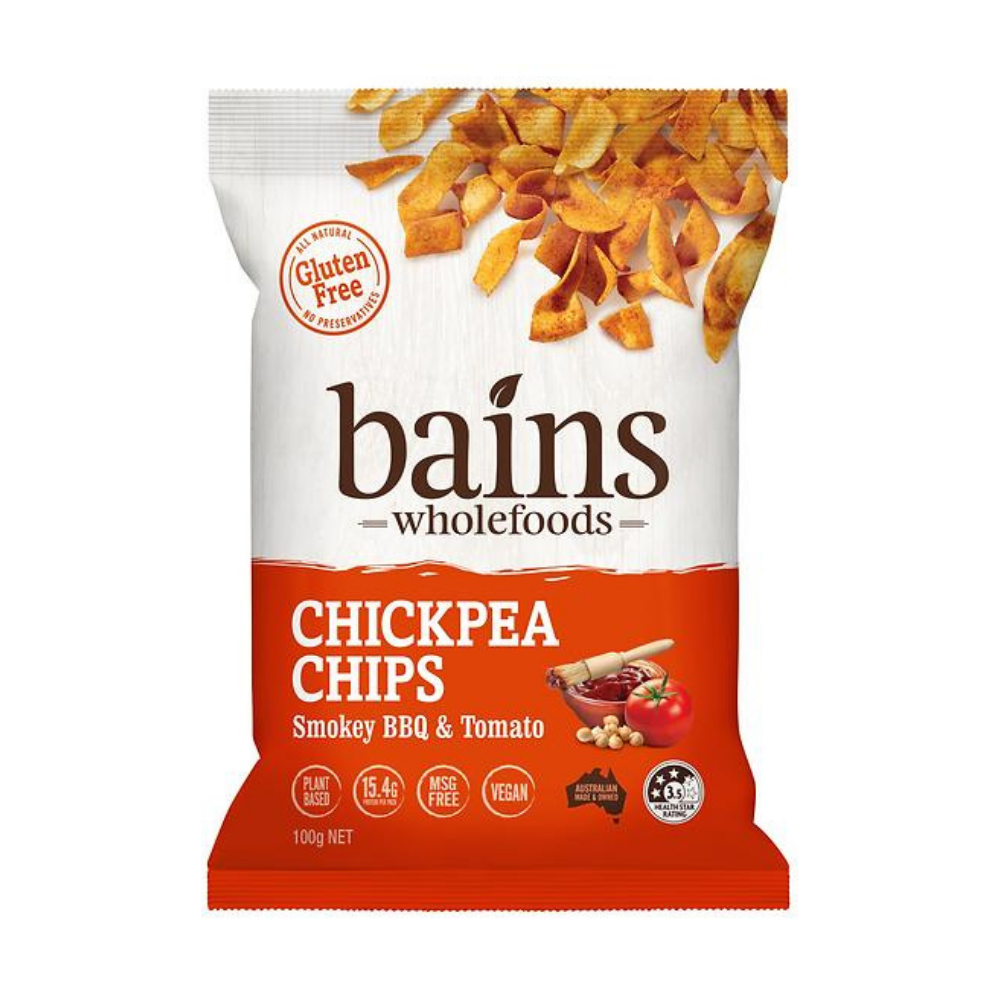 Bains Wholefood - Chickpea chips smokey  BBQ & tomato
