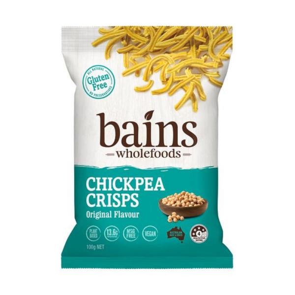 white background with a turquoise bag of Bains Wholefoods - Chickpea crisps original flavour