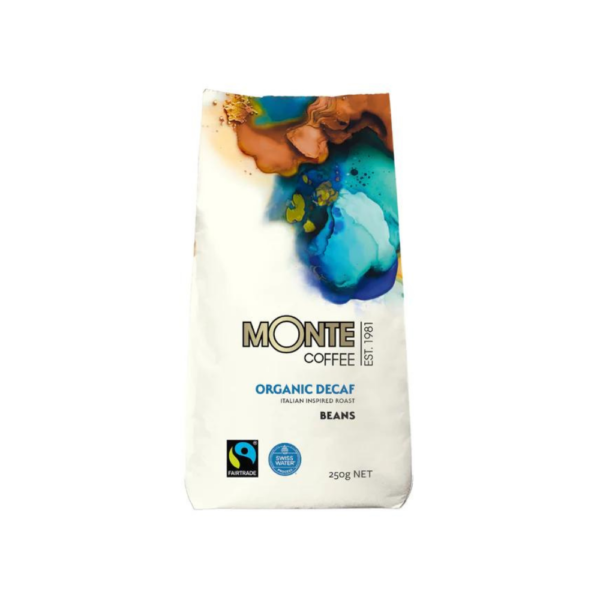 white backgroun with a blue bag of Monte Coffee - Organic decaf beans