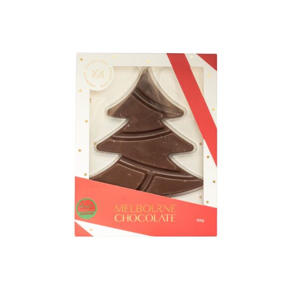 A white background image with a box of vegan mylk chocolate xmas tree