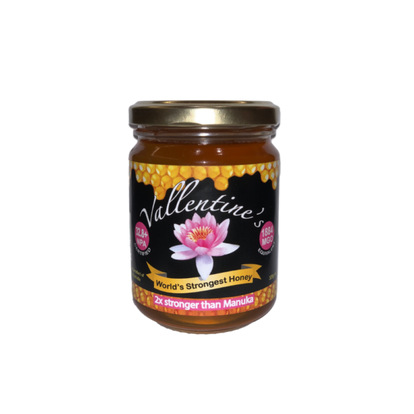 A white background image with a jar of vallentine's honey